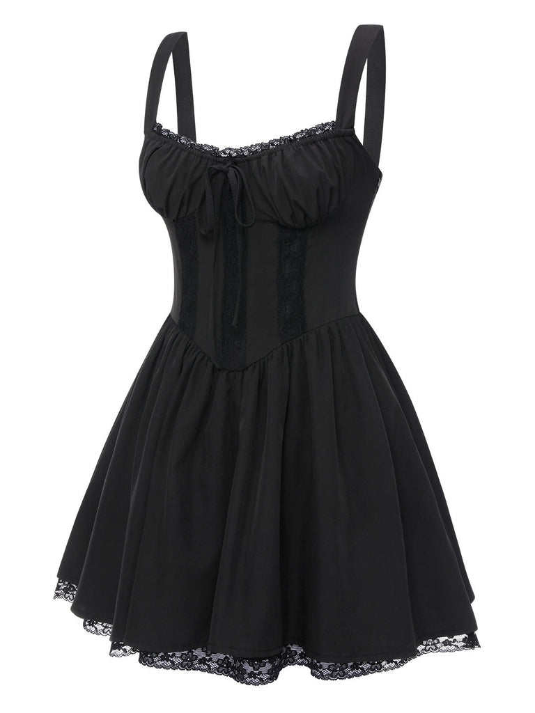 Abito gotico in pizzo spalline sottili nero anni '50