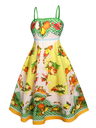 Abito midi con stampa di limone multicolore anni '40