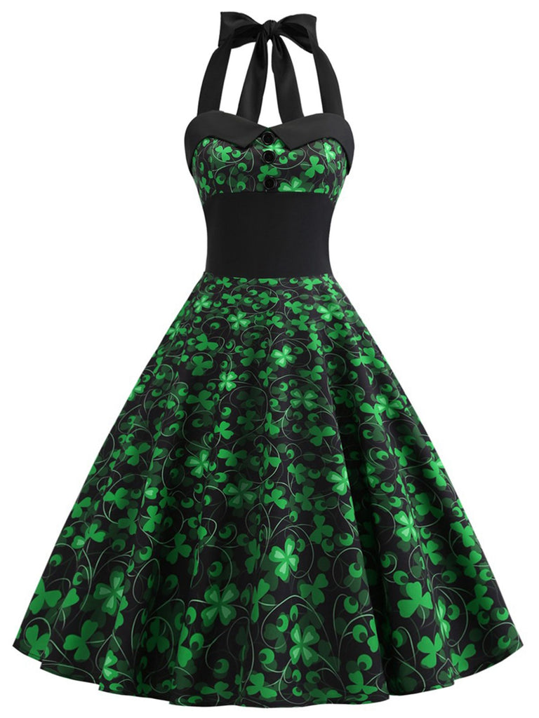 Abito trifoglio con scollo all'americana patchwork verde anni '50