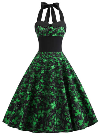 Abito trifoglio con scollo all'americana patchwork verde anni '50