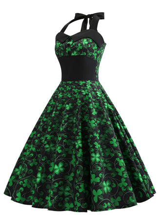 Abito trifoglio con scollo all'americana patchwork verde anni '50