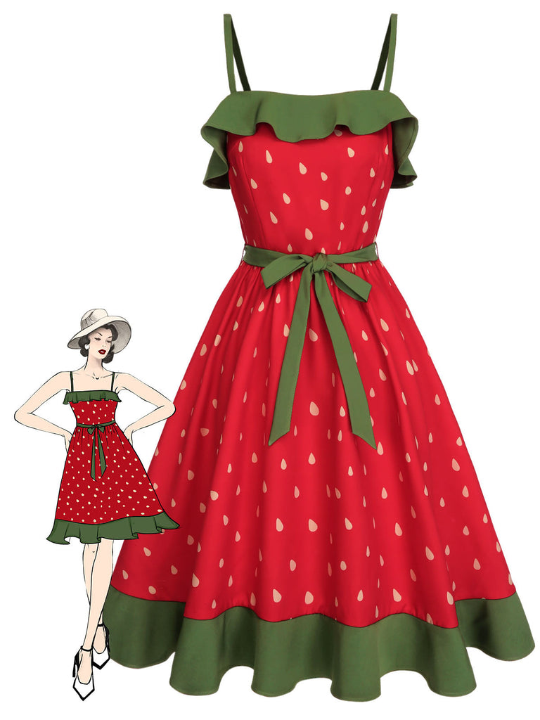 Abito a balze e fragole cintura rosso anni '50