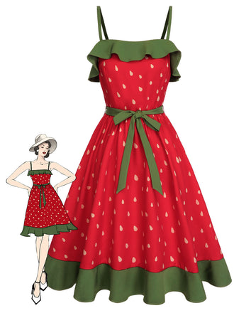 Abito a balze e fragole cintura rosso anni '50