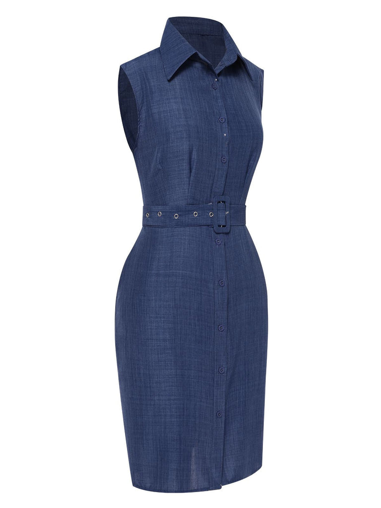 Abito con revers e cintura senza maniche blu anni '60
