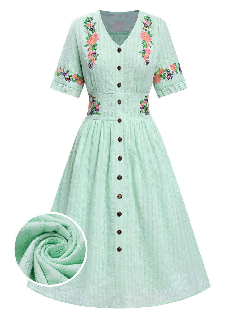 Abito floreale scollo a V in puro cotone beige anni '40