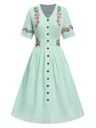 Abito floreale scollo a V in puro cotone verde menta anni '40