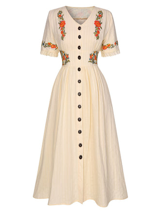 Abito floreale scollo a V in puro cotone beige anni '40