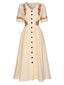 Abito floreale scollo a V in puro cotone beige anni '40