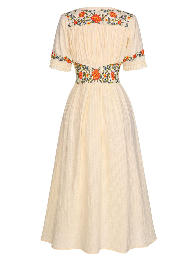 Abito floreale scollo a V in puro cotone beige anni '40