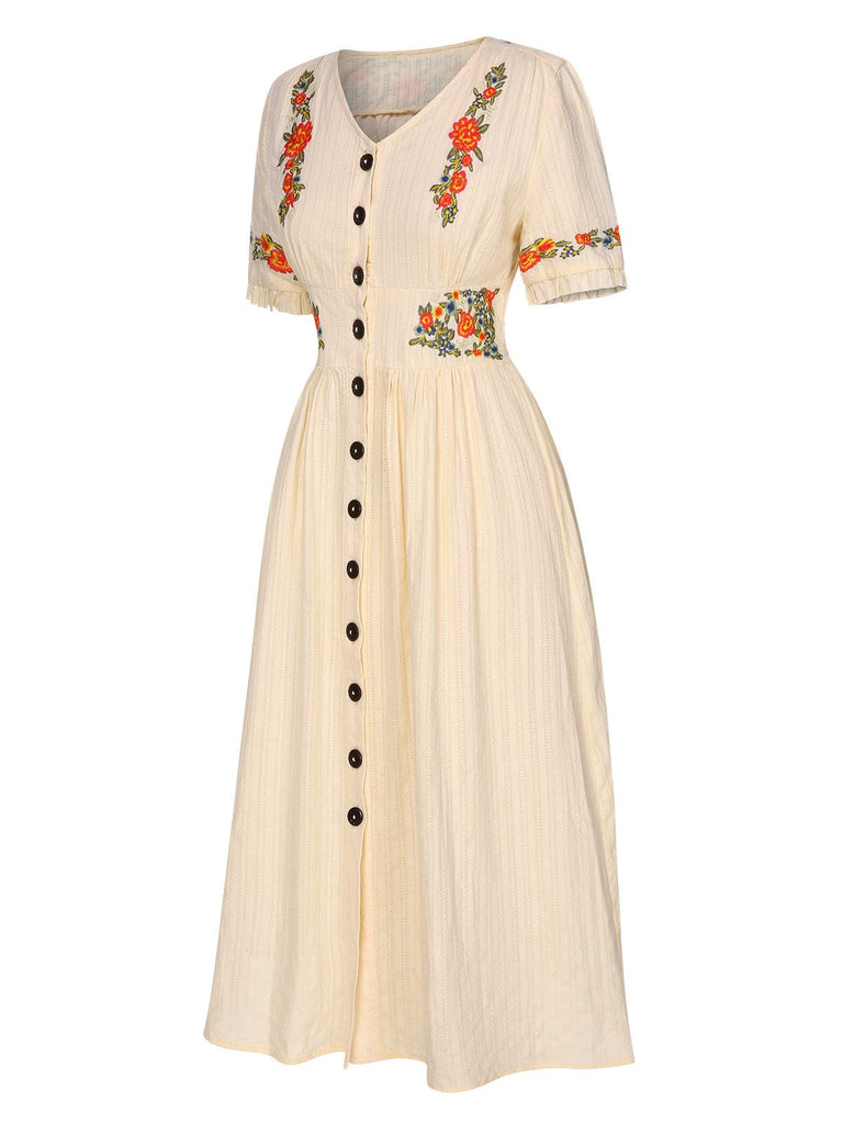 Abito floreale scollo a V in puro cotone beige anni '40