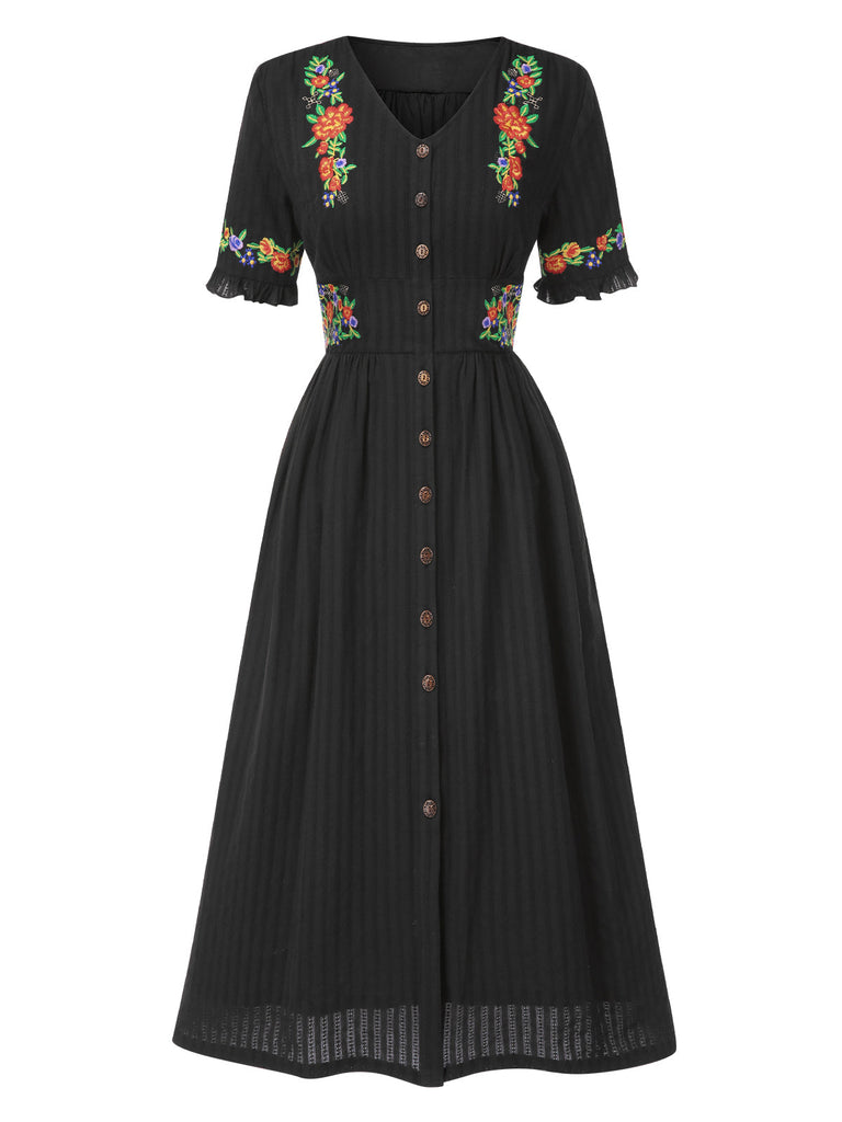 Abito in puro cotone floreale scollo a V nero anni '40