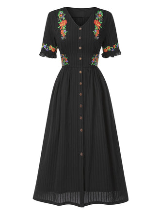 Abito in puro cotone floreale scollo a V nero anni '40