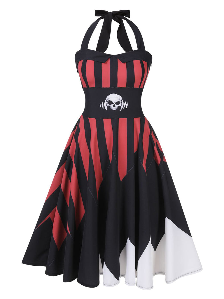 Abito con teschio scollo all'americana Halloween nero anni '50