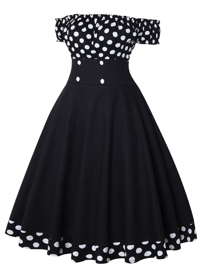 Abito a pois con spalle scoperte nero anni '50