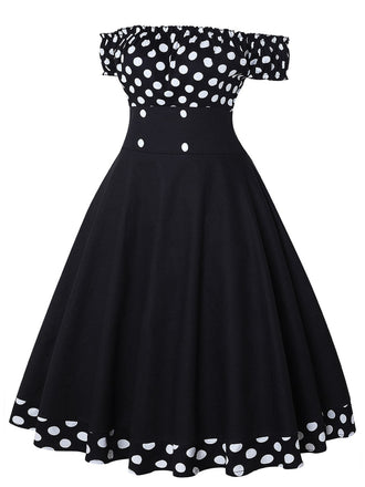 Abito a pois con spalle scoperte nero anni '50