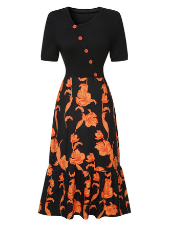 Abito patchwork floreale con scollatura irregolare nero anni '30