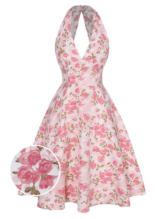 Abito scollo a V floreale rosa anni '50