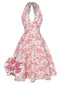 Abito scollo a V floreale rosa anni '50