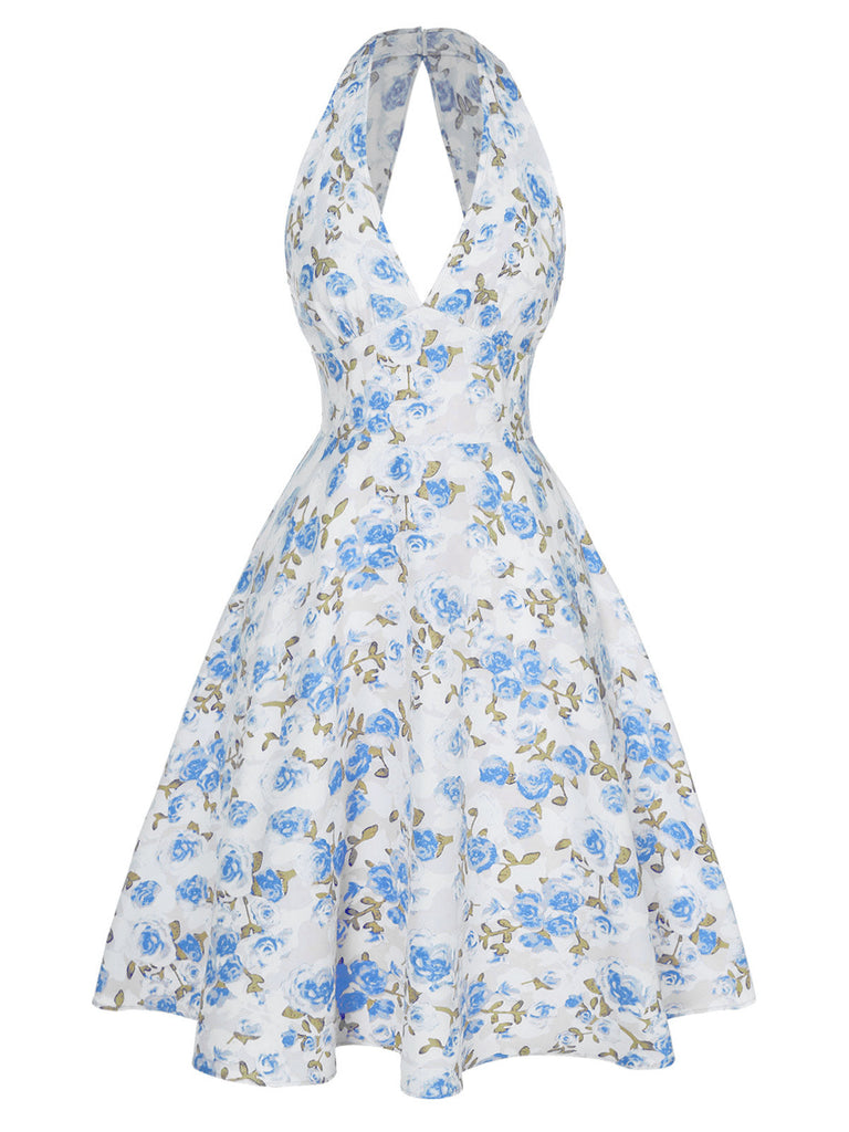 Abito scollo a V floreale blu anni '50