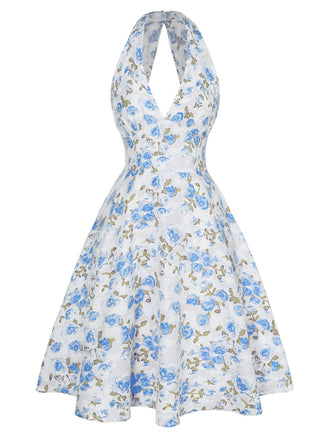 Abito scollo a V floreale blu anni '50