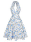 Abito scollo a V floreale blu anni '50