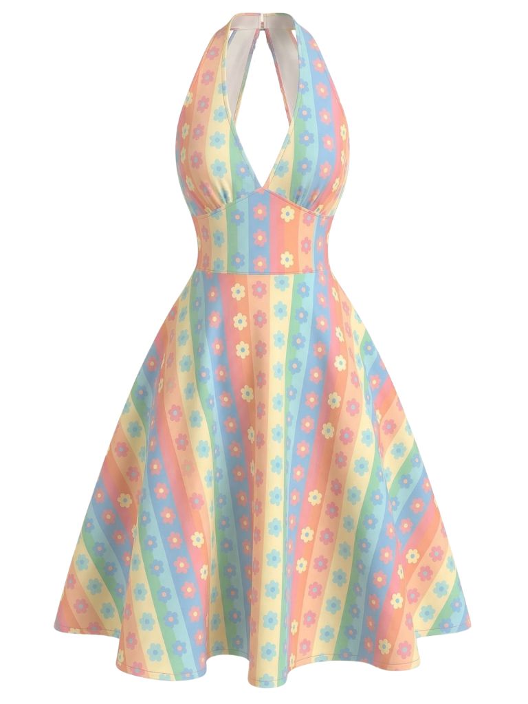 Abito scollo a V floreale rosa anni '50