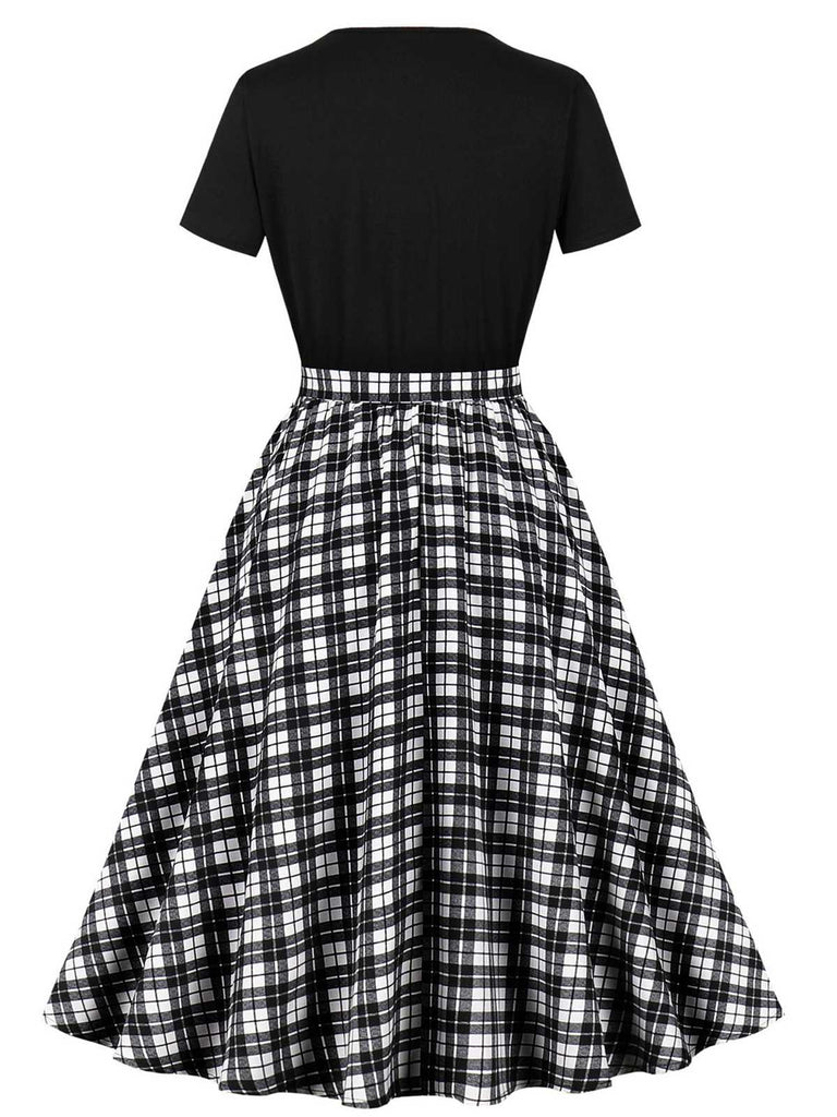 Abito a ruota patchwork con scollo a giro nero anni '50
