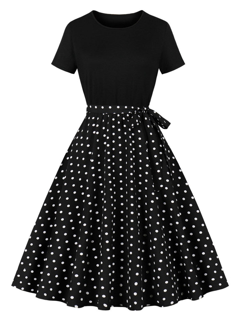 Abito a ruota patchwork con scollo a giro nero anni '50