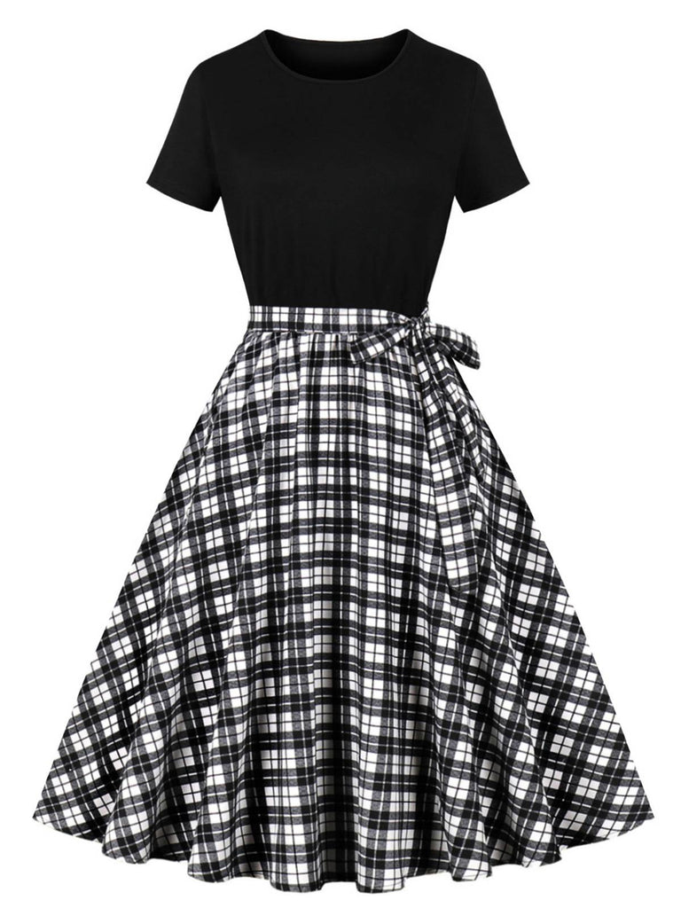 Abito a ruota patchwork con scollo a giro nero anni '50