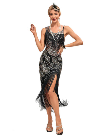 Abito da festa midi paillettes frange vintage anni '20