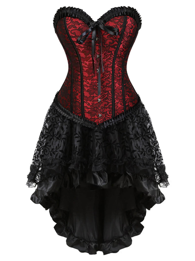 2PCS Corsetto in pizzo steampunk e gonna alta e bassa blu anni '70