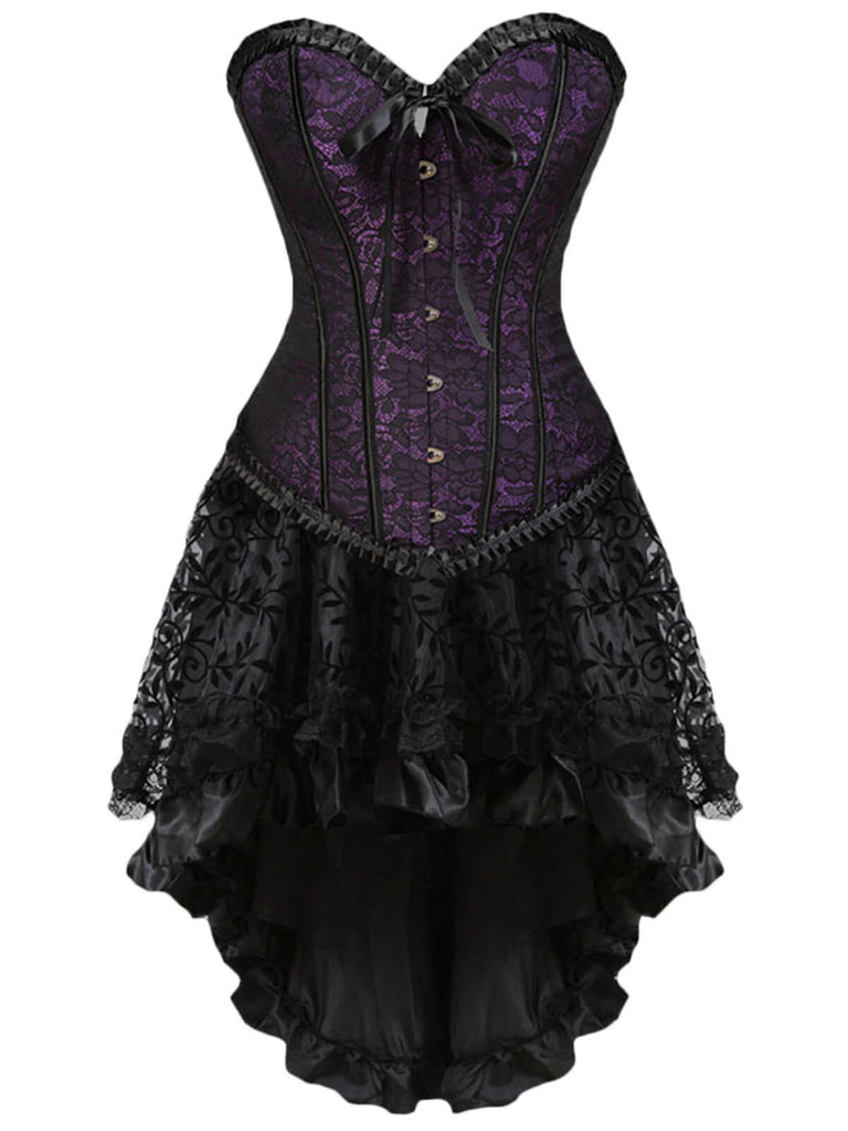 2PCS Corsetto in pizzo steampunk e gonna alta e bassa blu anni '70