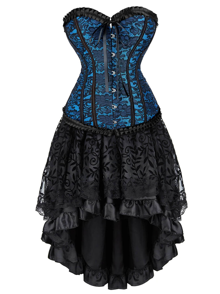 2PCS Corsetto in pizzo steampunk e gonna alta e bassa blu anni '70