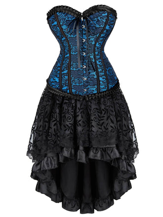 2PCS Corsetto in pizzo steampunk e gonna alta e bassa blu anni '70