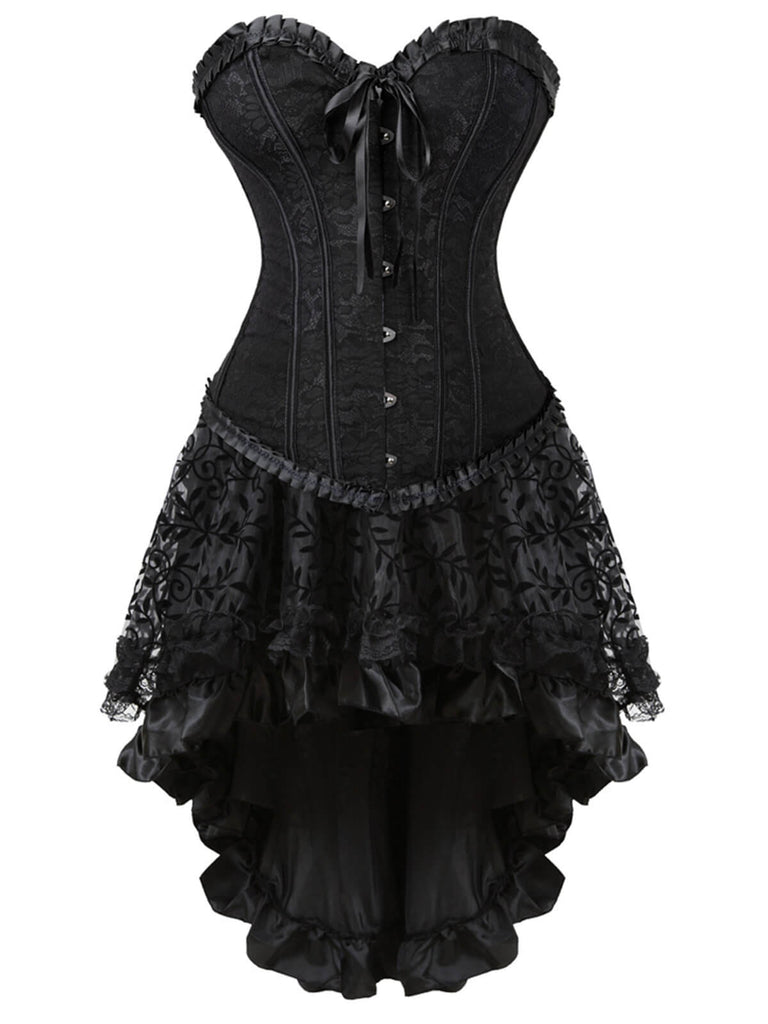 2PCS Corsetto in pizzo steampunk e gonna alta e bassa blu anni '70