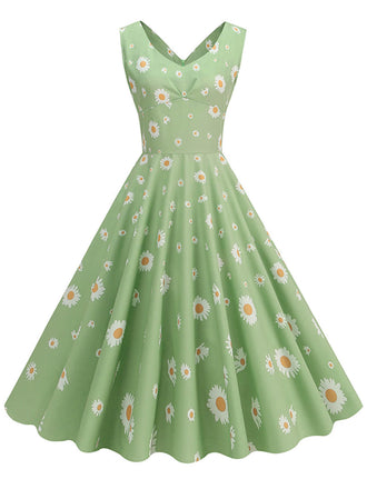 Abito a ruota margherite con scollo a V verde anni '50
