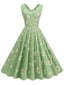 Abito a ruota margherite con scollo a V verde anni '50