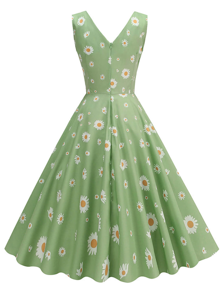 Abito a ruota margherite con scollo a V verde anni '50