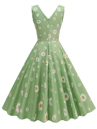 Abito a ruota margherite con scollo a V verde anni '50