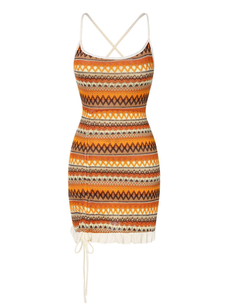 Abito in maglia coulisse bohémien multicolore anni '60