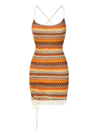 Abito in maglia coulisse bohémien multicolore anni '60