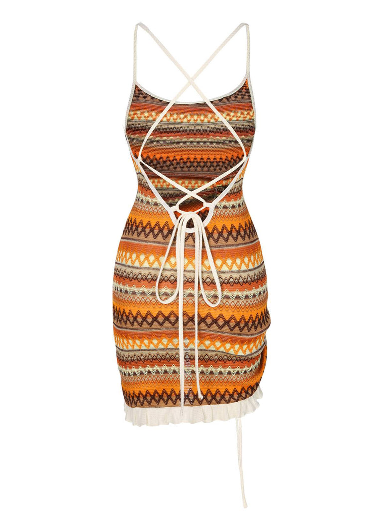 Abito in maglia coulisse bohémien multicolore anni '60