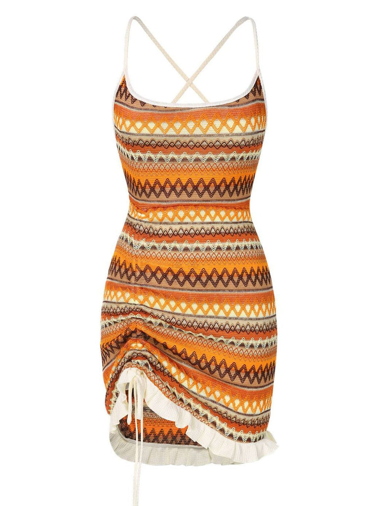 Abito in maglia coulisse bohémien multicolore anni '60