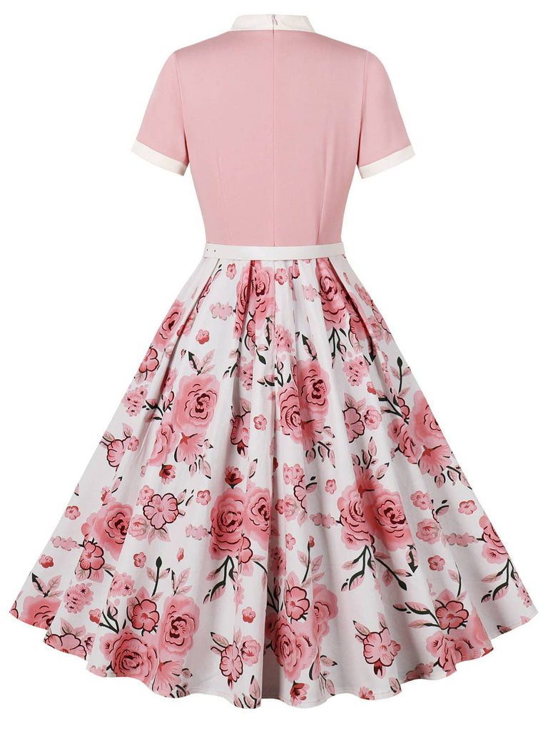 Abito rose con colletto annodato e patchwork rosa anni '50