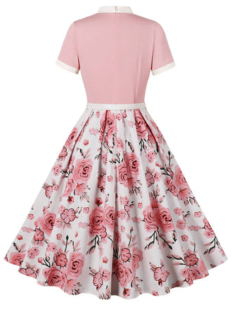 Abito rose con colletto annodato e patchwork rosa anni '50