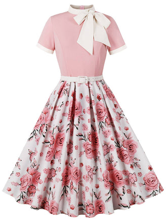 Abito rose con colletto annodato e patchwork rosa anni '50
