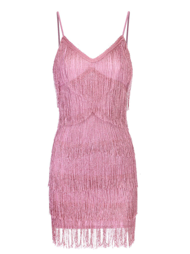 Abito rosa spalline sottili frange scollo a V anni '20