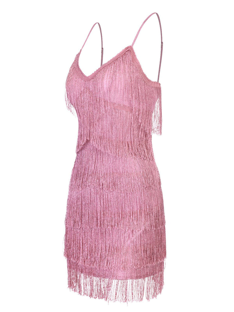 Abito rosa spalline sottili frange scollo a V anni '20