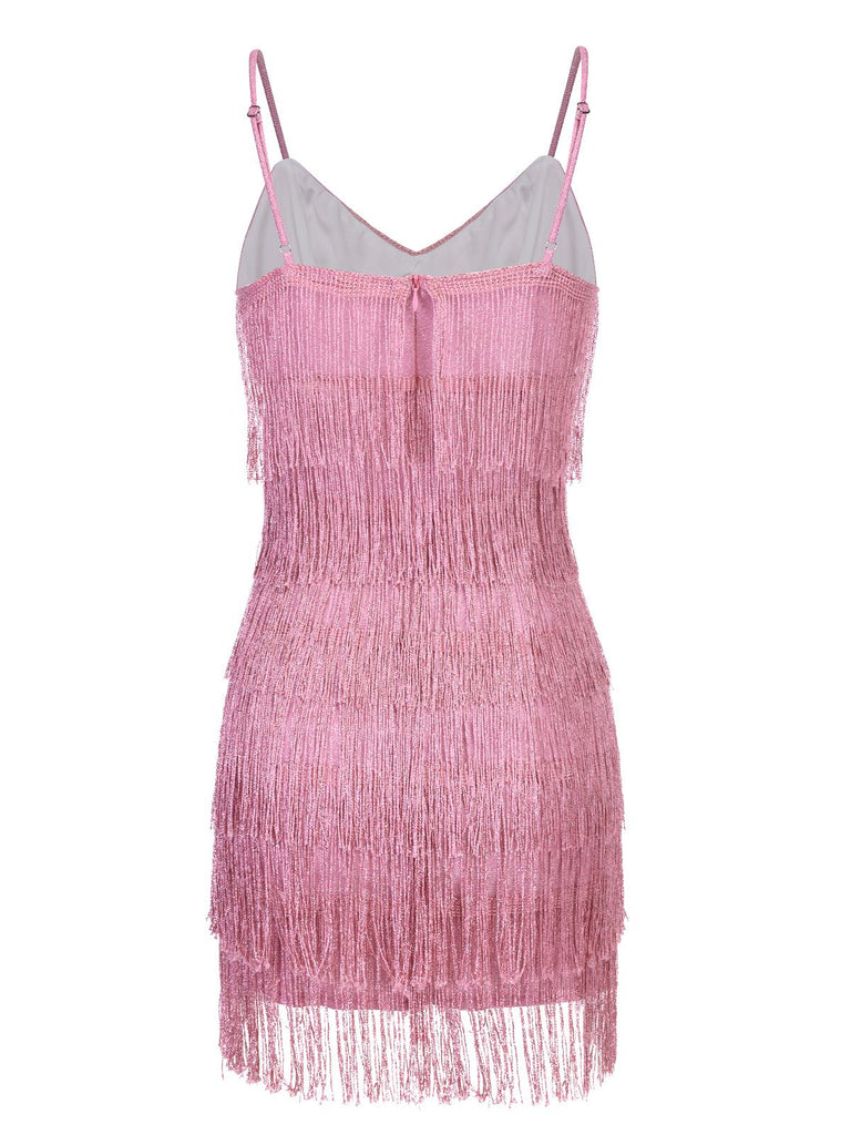 Abito rosa spalline sottili frange scollo a V anni '20
