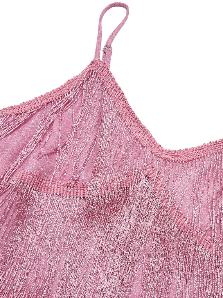 Abito rosa spalline sottili frange scollo a V anni '20